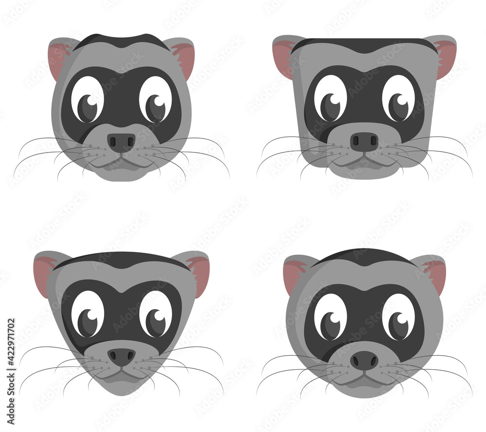 Set of cartoon ferrets. Different shapes of animal heads.