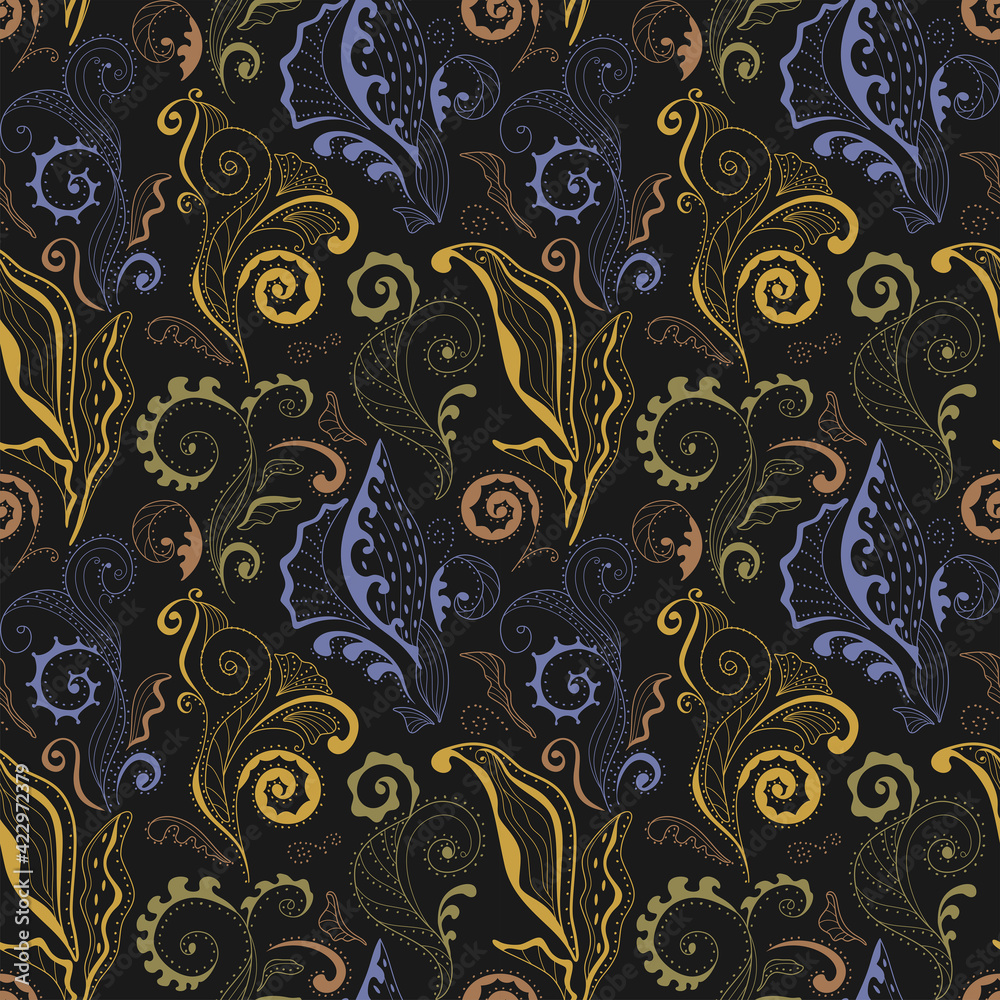 Seamless pattern with magic flowers and leaves. Seamless pattern with magic flowers and leaves.
