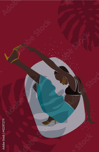 poster with black woman in high-heeled shoes on red background