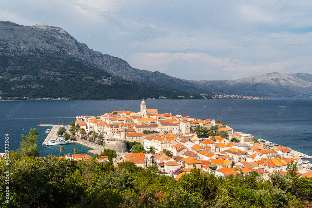 View of the Korcula old town, dating from Venetian times, from the hill overlooking the city by the Adriatic sea in Croatia