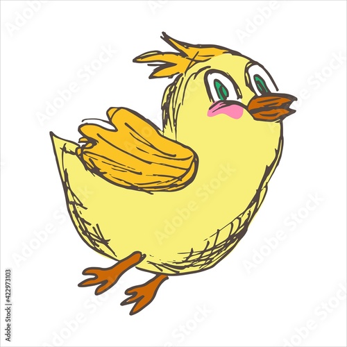 Happy cheerful chicken trying to take off. Cartoon grunge vector doodle flying little chick