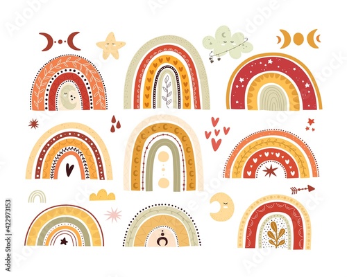 Cute rainbow set. colorful vector for kids. Boho style. hand drawing, flat style. baby design for fabric, print, textile, wrapper