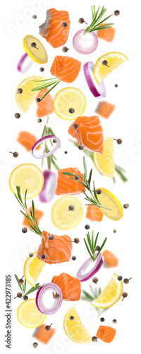 Pieces of delicious fresh raw salmon and different spices on white background. Vertical banner design