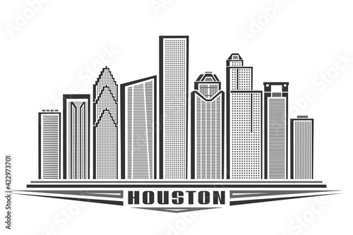 Vector illustration of Houston, monochrome horizontal poster with outline design of houston city scape, urban line art concept with unique decorative letters for black word houston on white background