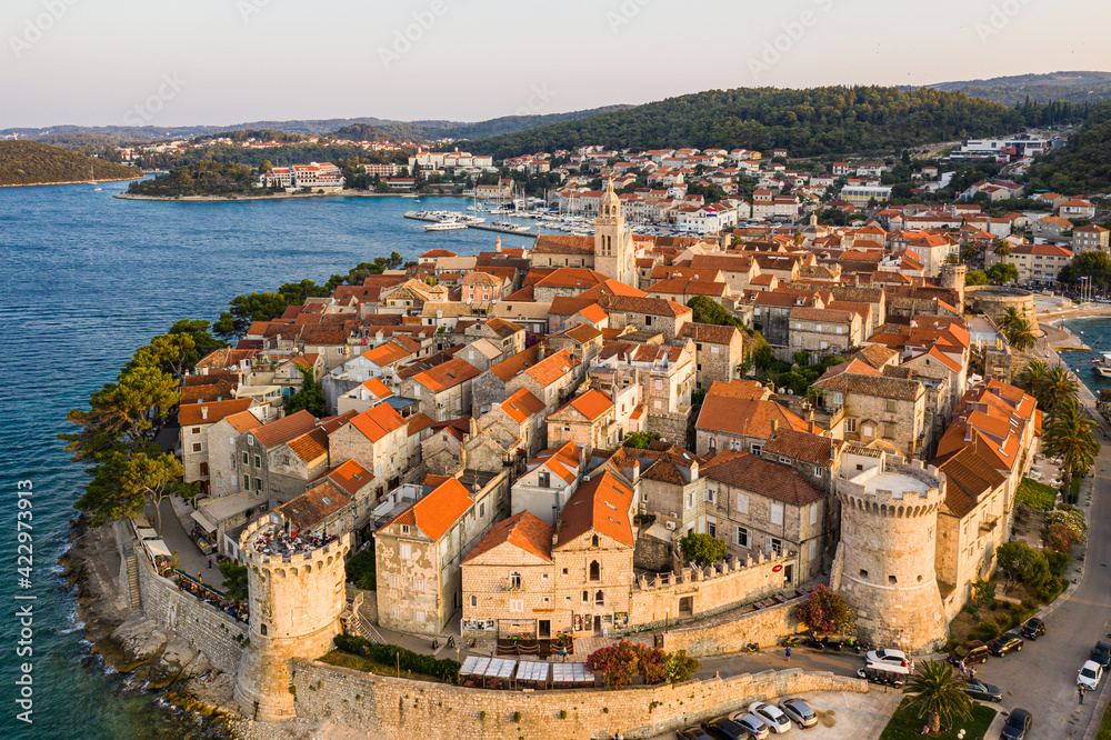 Dramatic aerial view of the famous Korcula old town by the Adriatic sea in Croatia