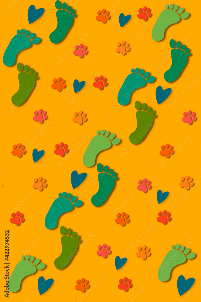 seamless pattern with pet and person footprint, heart and yellow background in vertical seamless pattern with pet and person footprint, heart and yellow background in vertical