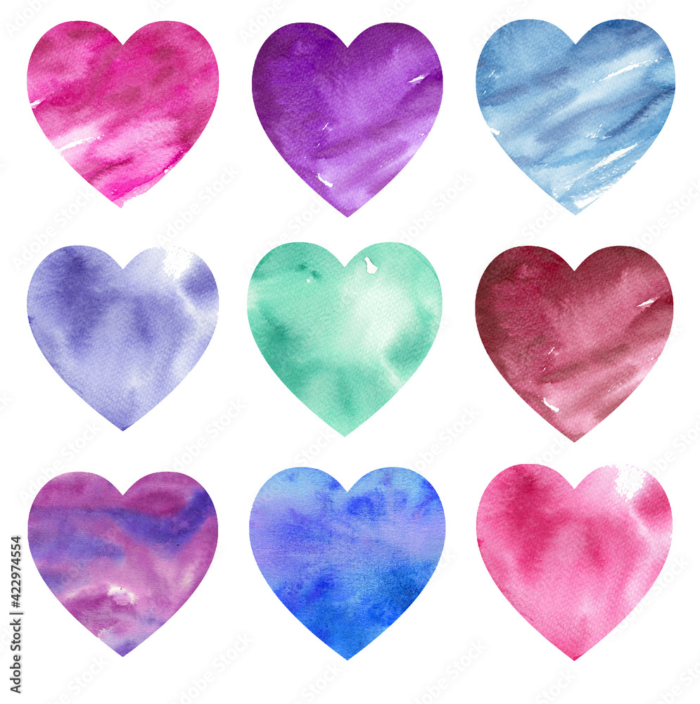Abstract watercolor background. Heart aquarelle background. Colorful hearts. Aquarelle background. 