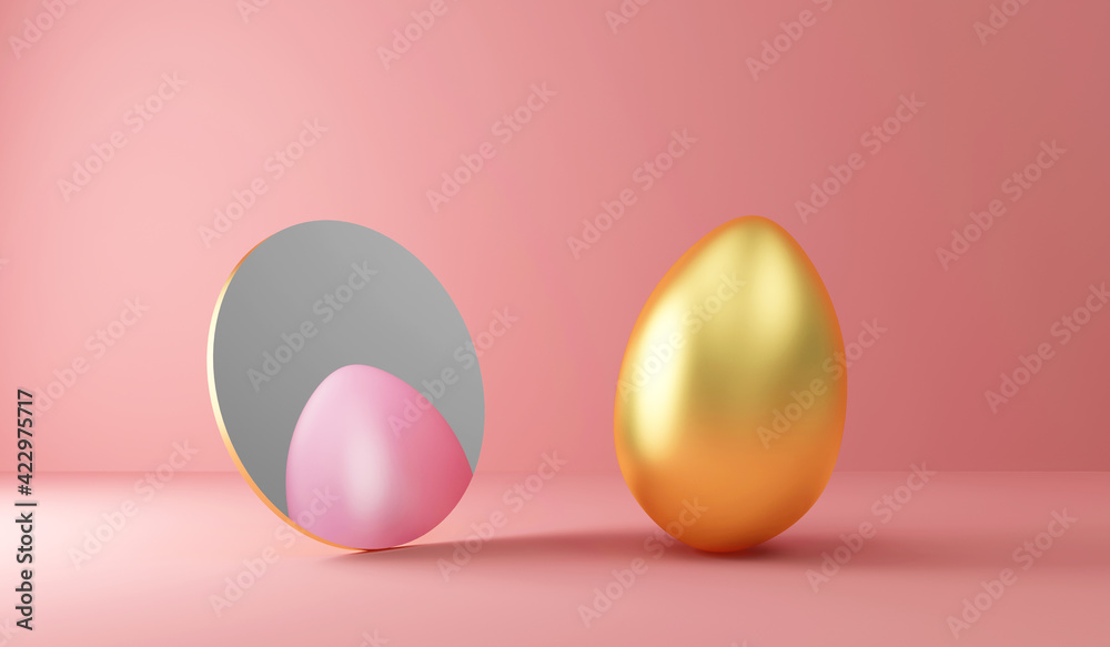 Golden Easter Egg reflected in the mirror as an Painted Egg on pink studio background Golden Easter Egg reflected in the mirror as an Painted Egg on pink studio background