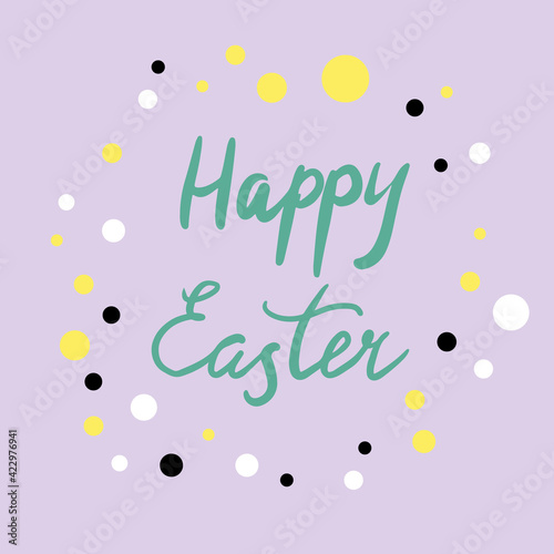 Vector lettering. Happy easter. Blue text on purple background. Print and web holiday design. EPS 10.