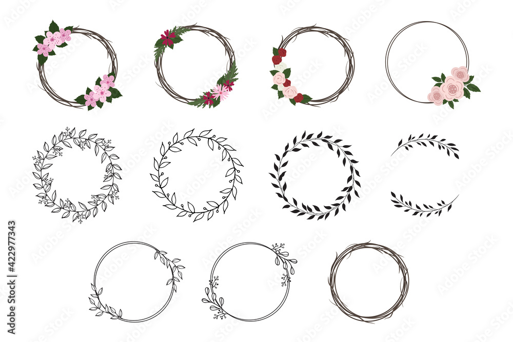Naklejka Decorative Wreath Vector Illustration Set. Wedding invitation elements, floral wreath, round border, circle.