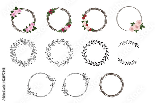 Decorative Wreath Vector Illustration Set. Wedding invitation elements, floral wreath, round border, circle.
