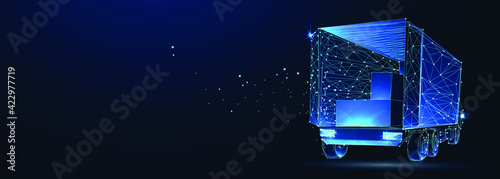 Delivery. Boxes in cargo truck in dark blue. Polygonal shipping cargo delivery, logistics, transportation or business commercial concept. Abstract wireframe vector illustration. Low poly style. 