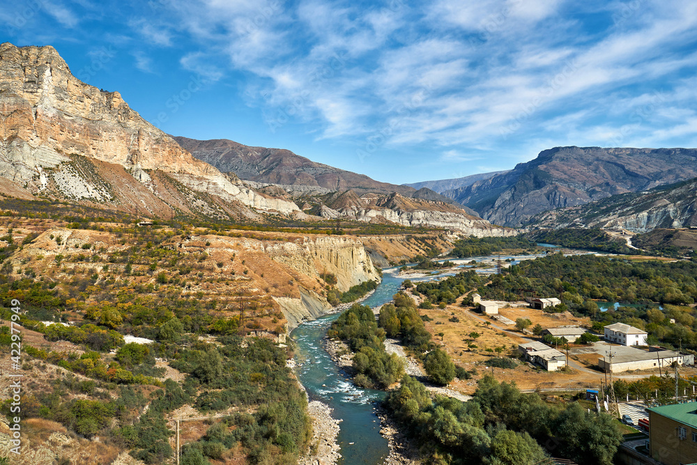 River and a small village in Dagestan mountains, Russia