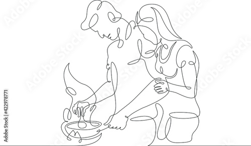 A loving couple prepares food in the kitchen. Homemade food.One continuous drawing line  logo single hand drawn art doodle isolated minimal illustration.