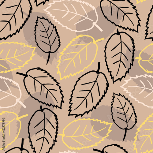 Elm leaf seamless vector pattern background. Hand drawn line art single leaves and silhouette shadows brown backdrop. Dense botanical design. Foliage repeat print for nature wellbeing concept
