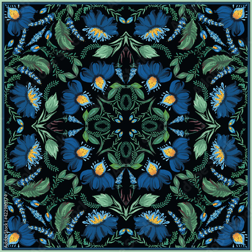Batik floral pattern in Ukrainian folk painting style Petrykivka for shawl, carpet, bandana, ceramic tile. Hand drawn fantasy flowers, leaves, branches isolated on a dark blue background