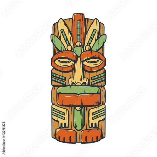 Trendy hawaii wooden tiki mask for surfing bar. Traditional ethnic idol of hawaiian, maori or polynesian. Old tribal totem