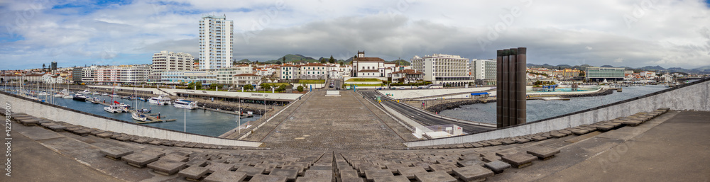 Panoramic view over Ponta Delgada city, Azores travel destination.