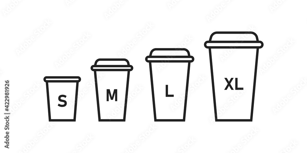 Coffee, cup size icon set. Paper, cafe design logo. Latte, small, medium, large, xl, mockup sign in vector flat Coffee, cup size icon set. Paper, cafe design logo. Latte, small, medium, large, xl, mockup sign in vector flat