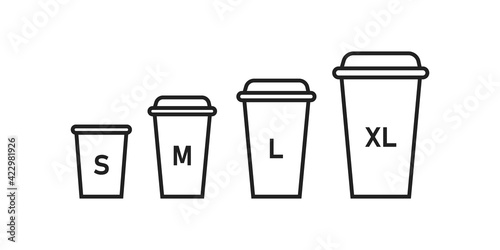 Coffee, cup size icon set. Paper, cafe design logo. Latte, small, medium, large, xl, mockup sign in vector flat