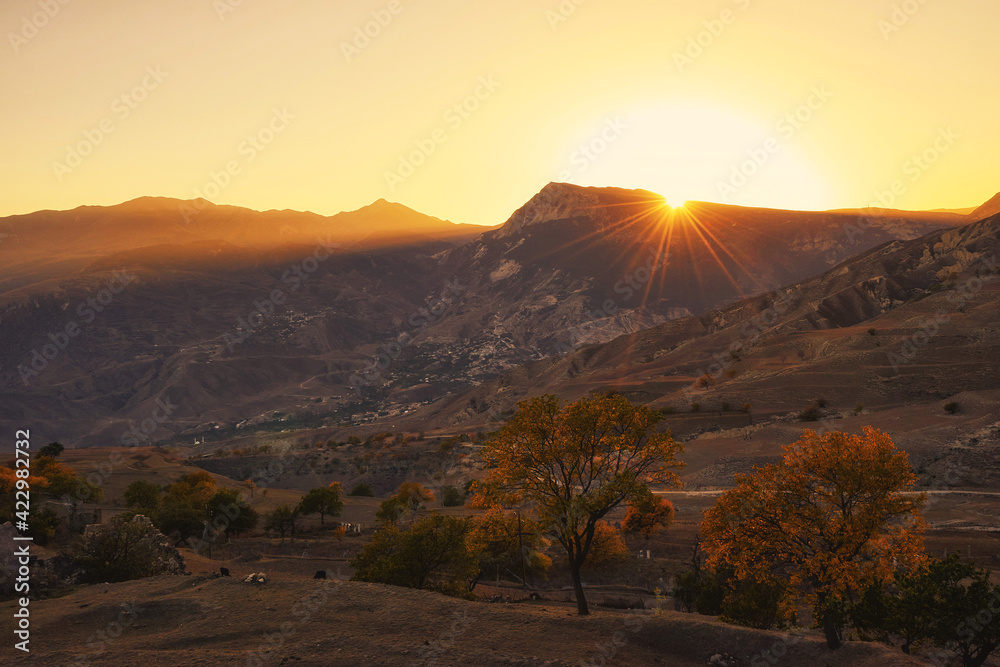 Beautiful sunset in the mountains of Dagestan