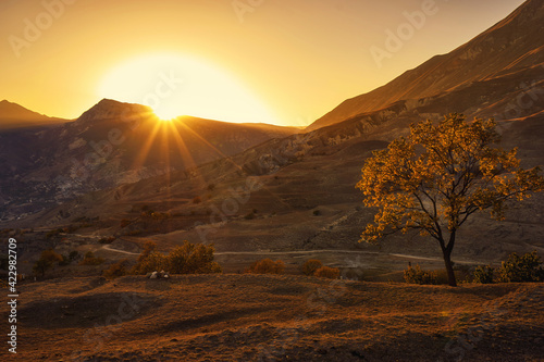 Beautiful sunset in the mountains of Dagestan