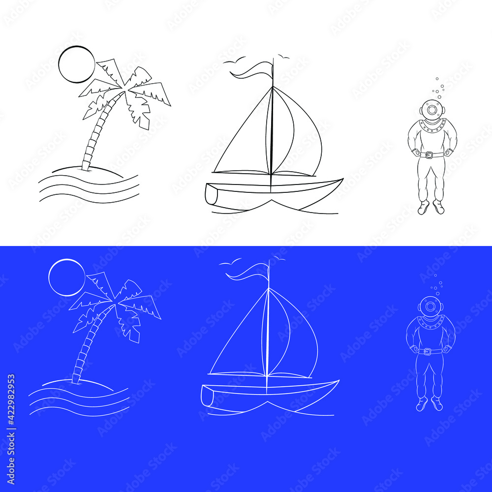 set of nautical icons. palm tree on the island, yacht, diver set of nautical icons. palm tree on the island, yacht, diver
