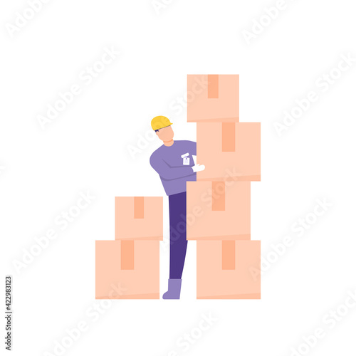 inventory staff, warehouse clerk, goods inventory supervisor. illustration of a male worker arranging or tidying cardboard boxes. flat style. vector design