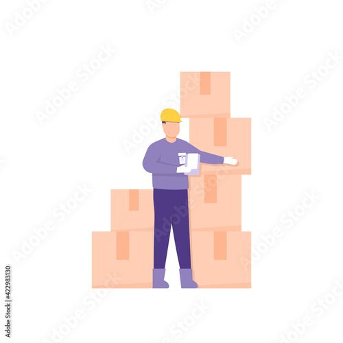 inventory staff, warehouse clerk, goods inventory supervisor. illustration of a male worker who is collecting data or making a report on the supply of goods. flat style. vector design