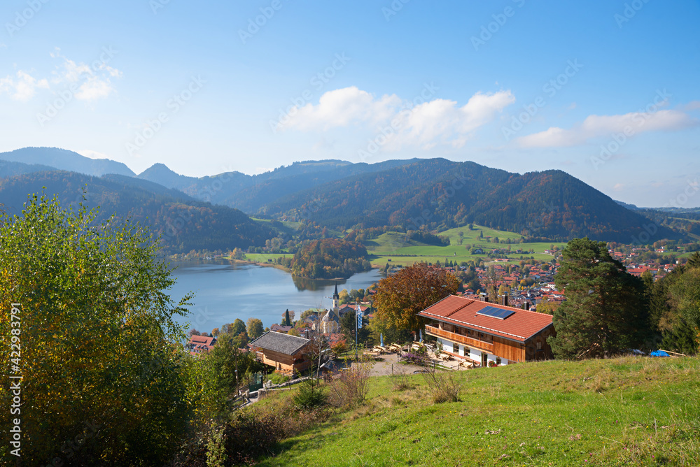 view over lake Schliersee and tourist destination Stogeralm, bavarian alps