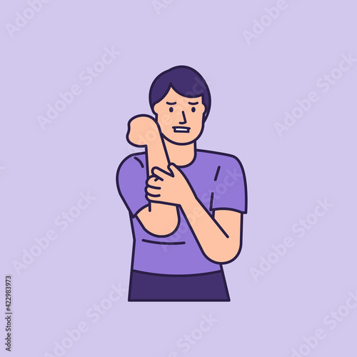 a man scratching his hand or arm feeling itchy. have skin disease, ringworm, hives or urticaria. the expression of an uncomfortable person. flat style. vector design.