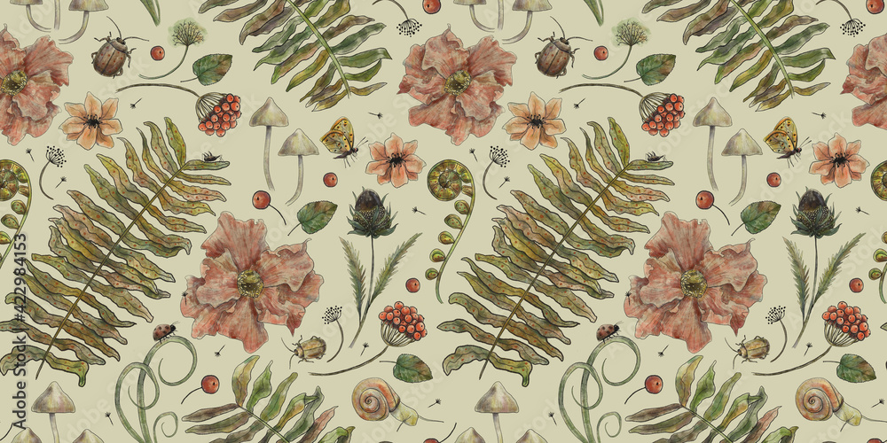 Vintage botanical pattern. Forest background with butterflies, beetles