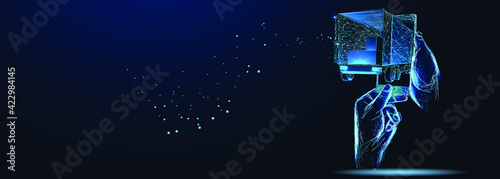 Delivery. Truck, boxes and smartphone in dark blue background. Online cargo delivery service, logistics or tracking app concept. Abstract 3d poligonal vector illustration of online freight delivery se