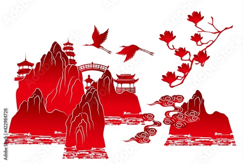 アジアの風景のベクターイラストセット