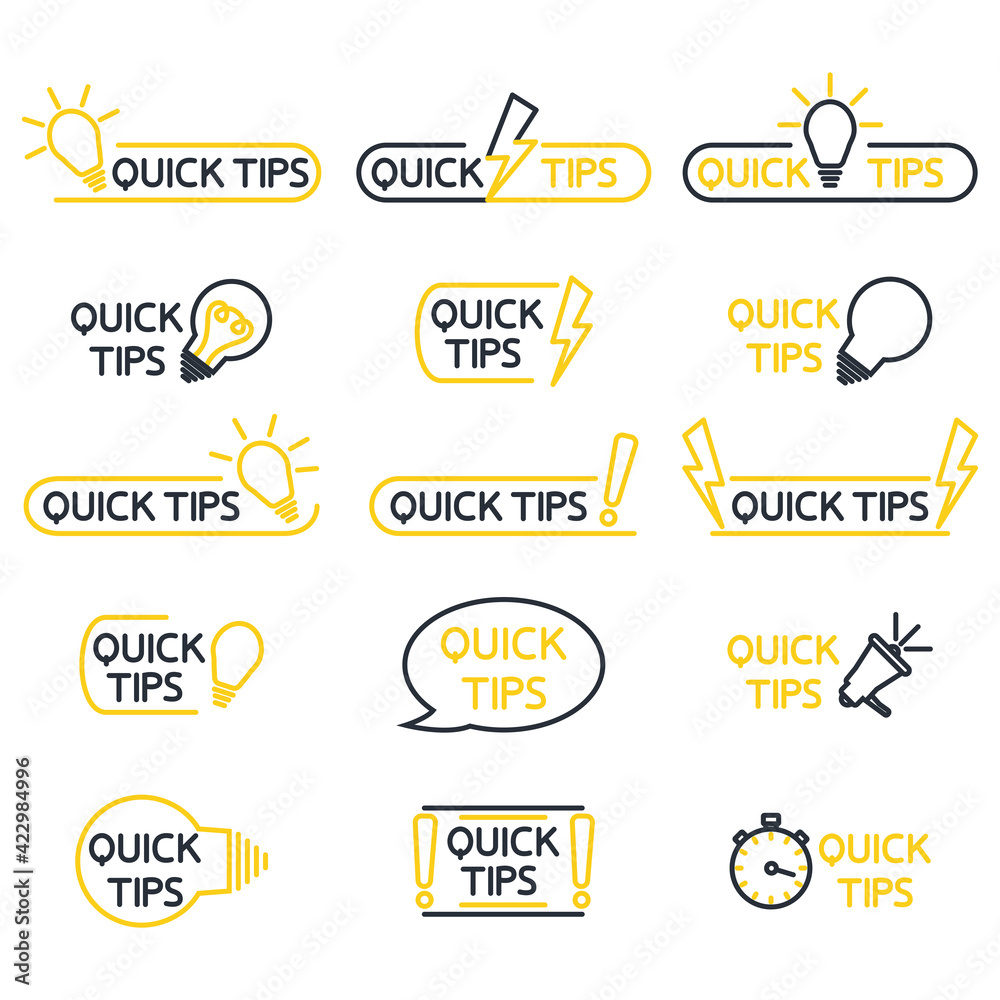 Quick tips, helpful tricks, tooltip, hint for website. Tricks quick tip solution logos helpful advice text shapes. Vector icon of solution, advice. Helpful idea, solution. Editable stroke