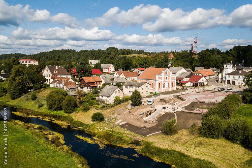 Fototapeta premium Aerial view of town Sabile and river Abava, Latvia.
