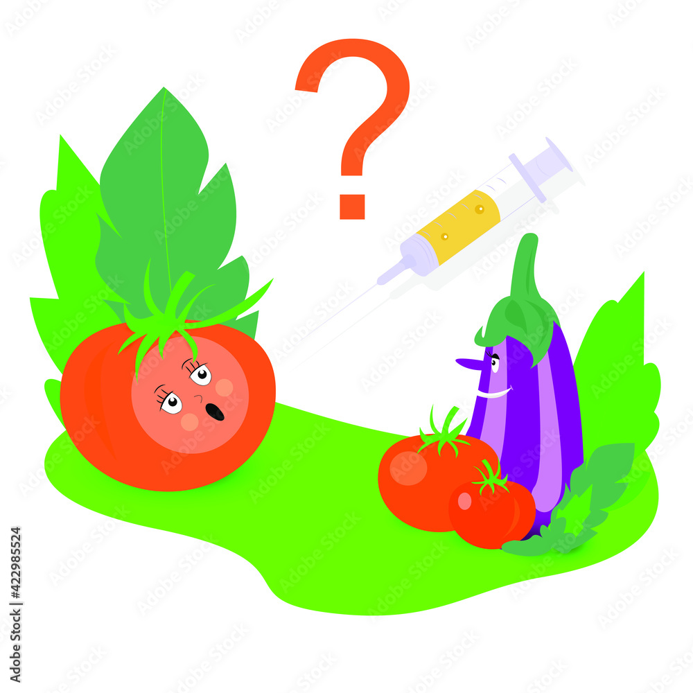 Pros and cons of vaccination. Picture with vegetables, syringe and question mark. Stock Vector