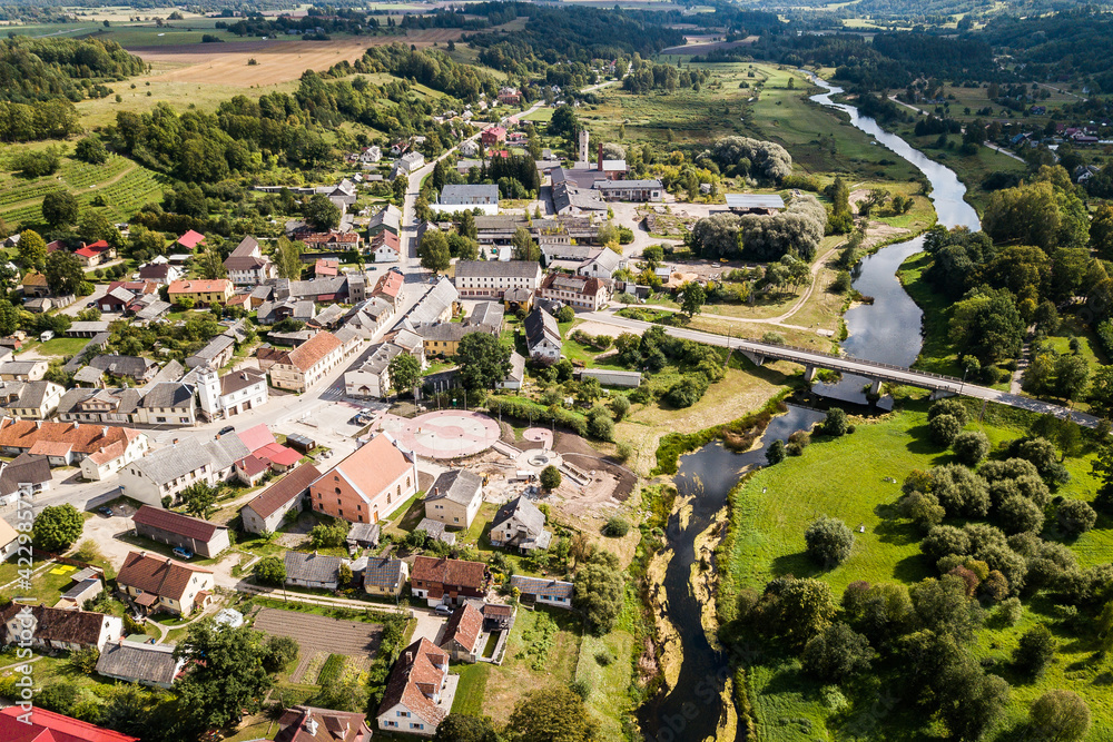 Aerial view of town Sabile and river Abava, Latvia.