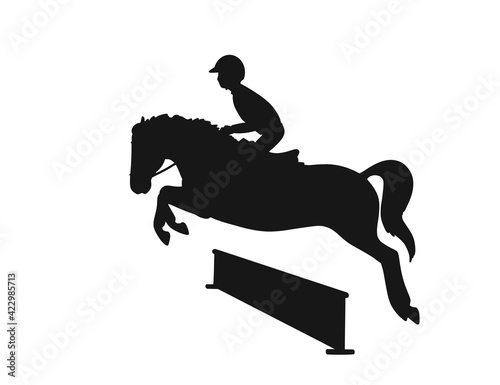 Young rider on sport pony jumping over hurdle on equestrian workout, vector silhouette