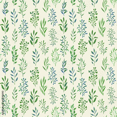 Fototapeta Naklejka Na Ścianę i Meble -  Hand drawn watercolor floral pattern abstract style twigs with leaves seamless pattern. Botanical vintage illustration. Background for header, image for blog, decoration. Design of wallpaper, textiles