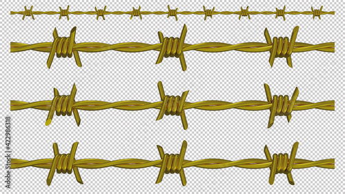 Shiny gold barbed wire - 3 seamless high resolution pixel pattern segments with transparent background made from 3D render