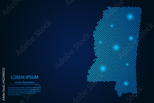Abstract image Mississippi map from point blue and glowing stars on a dark background. vector illustration. 