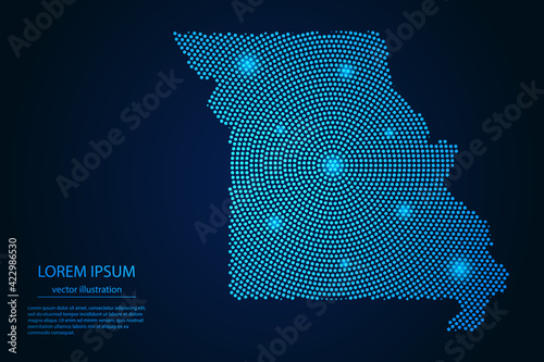 Abstract image Missouri map from point blue and glowing stars on a dark background. vector illustration. 