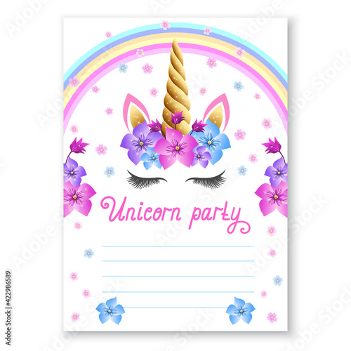 Baby Birthday Party Invitation. Fabulous Unicorn  Magical celebration invite. Fairy unicorn princess girl for magic party invitation design.