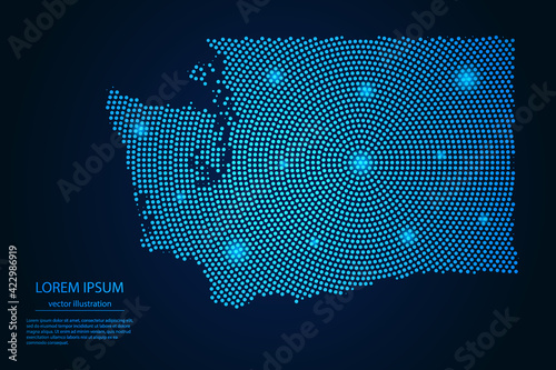 Abstract image Washington map from point blue and glowing stars on a dark background. vector illustration. 