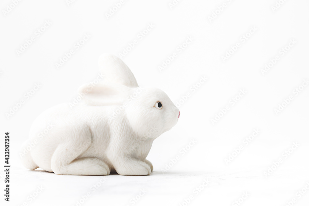 Macro shot of white rabbit on the white background. Easter background Macro shot of white rabbit on the white background. Easter background