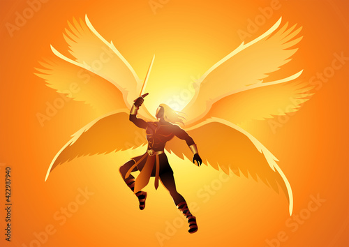 Leinwand Poster Michael the Archangel with six wings holding a sword