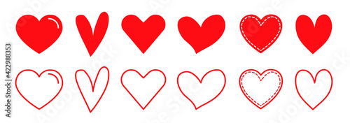 Design red heart shapes icons set. Simple illustration of 14 hearts for love day or valentine day. Vector illustration