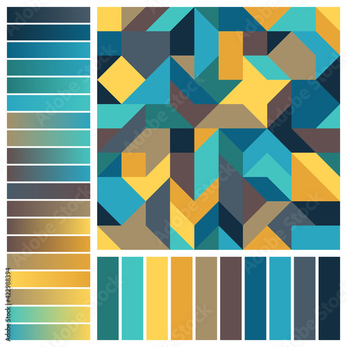 Geometric Seamless Pattern with Blue, Brown, Yellow Color Swatches and Gradients.