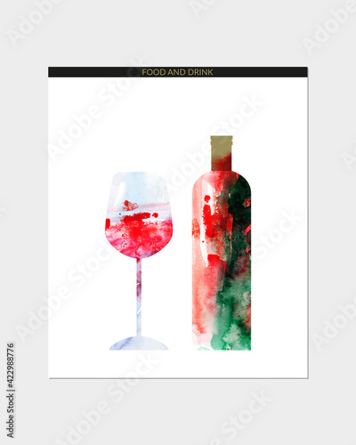 Watercolor abstract wine set with red wine bottle and glass